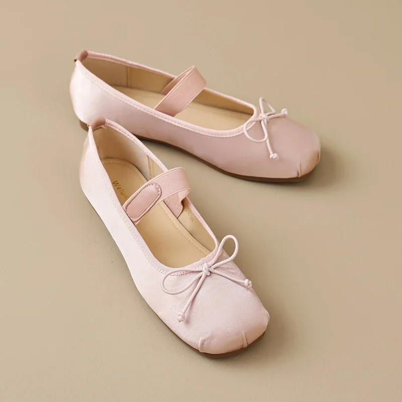 

Satin Ballet Slippers Bow Single Shoe Women's New Vintage Round Head Strap Flat Shoe Rubber Sole Summer Season