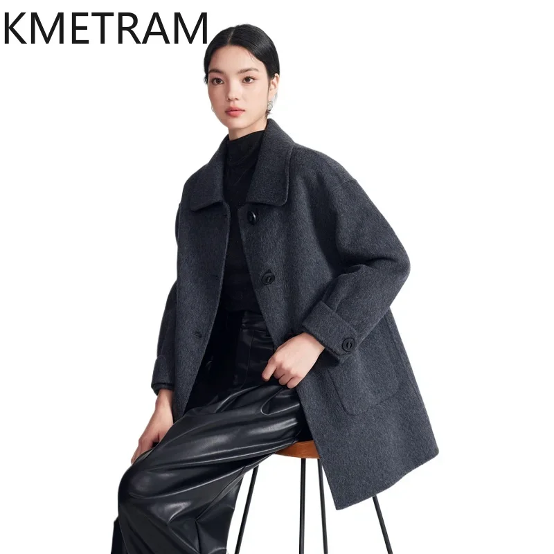 KMETRAM 100% Real Wool Coats for Woman Mid Length Coat Women 2024 Autumn New in Outerwears Loose Womans Clothing Пальто Женское