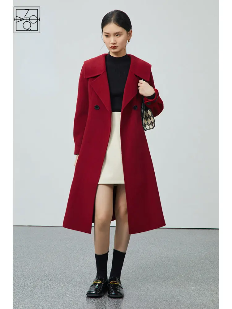 ZIQIAO Retro Red A-Line Woolen Coat Women 2022 Winter New Hepburn Style Wool Double-sided Hem Skirt Design Long Coat Female