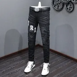 Designer fashion new men's jeans stretch slim fit retro black embroidered ripped patch jeans high street hip-hop brand pants hom