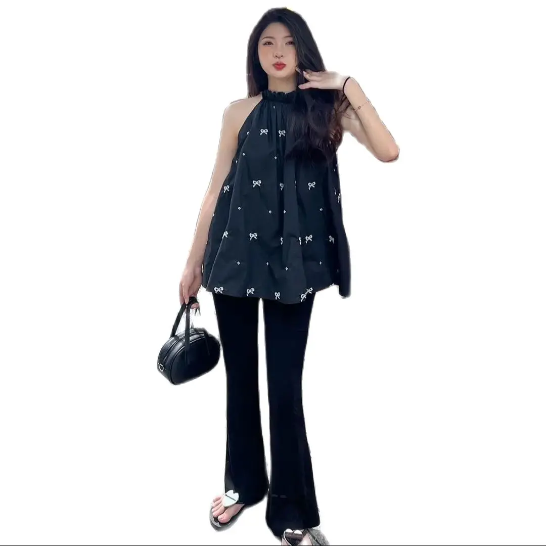 Black Halter Neck Vest Bow Embroidery Suspender Women Loose Summer Design Sweet Off The Shoulders Tops Patchwork Sleeveless