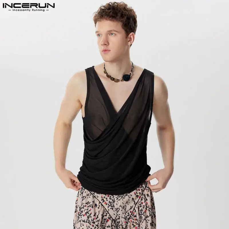 INCERUN 2024 Fashion Men Clothing Summer Tank Tops Sleeveless Mesh Transparent Tee Tops Sexy Chemise V Neck Solid Streetwear