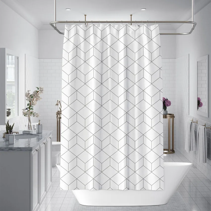 Modern Simple Rectangular Lattice Cube Shower Curtain Fabric Waterproof Polyester Home Decor Bath Curtain Bathroom Accessories