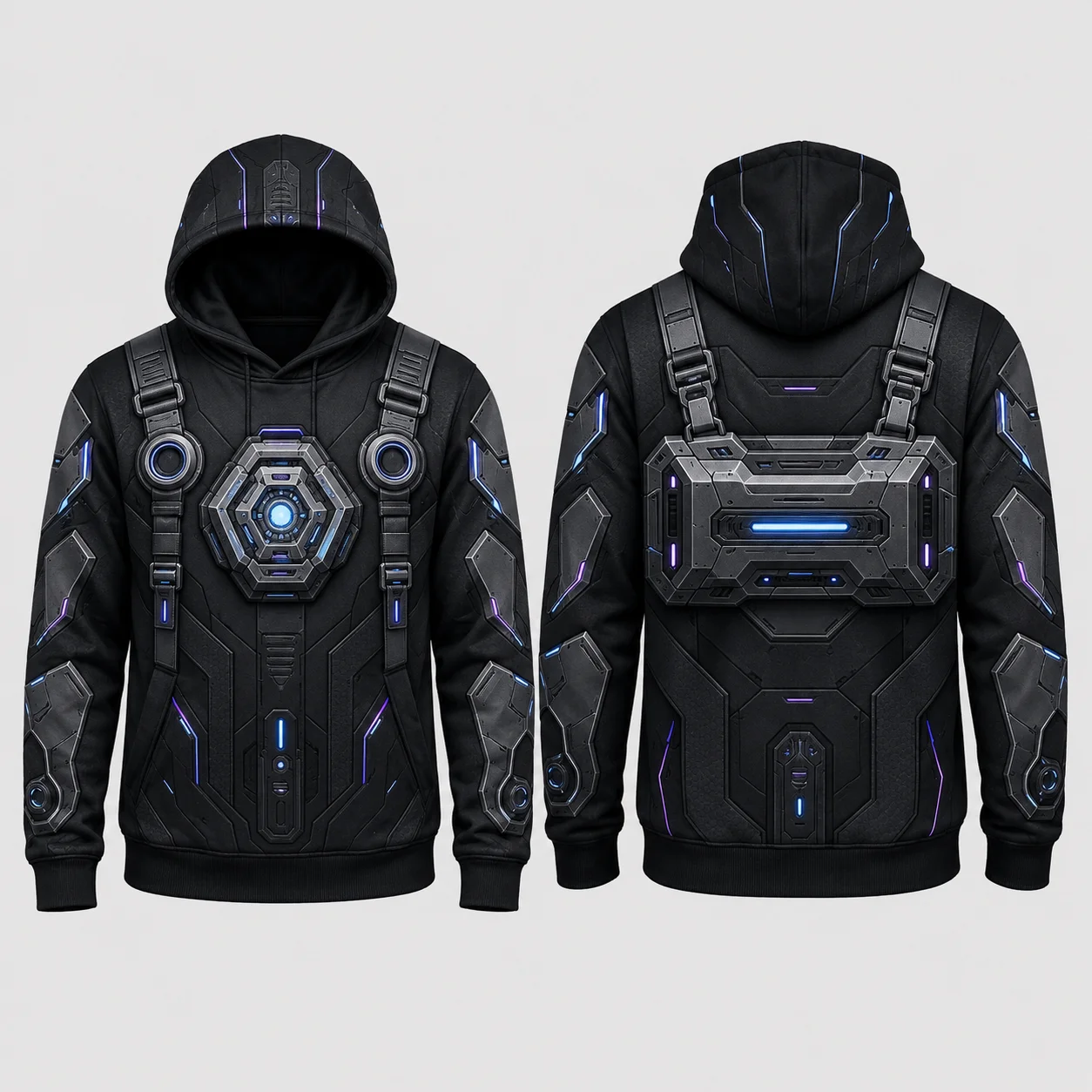 Futuristic Cyber Armor Hoodie Men Black 3D Sublimation Print Flat Graphic Pullover Sweatshirt Techwear Streetwear
