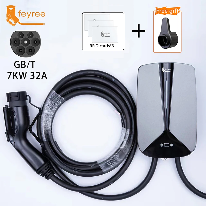 Feyree-32A 7.6KW 1 Fase EVSE Wallbox Plug e Carga, Cabo Tipo 5m para Veículo Elétrico, Carregador de Carro, Tomada GB e T