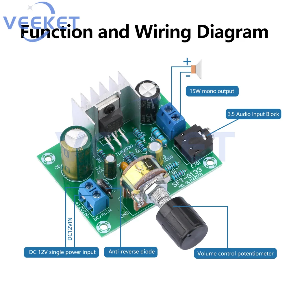 TDA2030A Amplifier Board Finished Product High-fidelity Mono Wide Voltage 9-20V Input 12V 15W Digital Audio Module