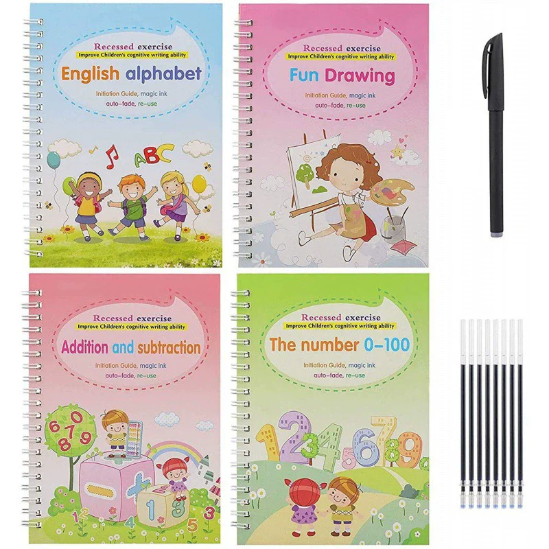Cuadernos de práctica para copiar con ranura en inglés para niños, entrenamiento de escritura mágica, libros de rastreo del alfabeto reutilizables, 4 Uds.