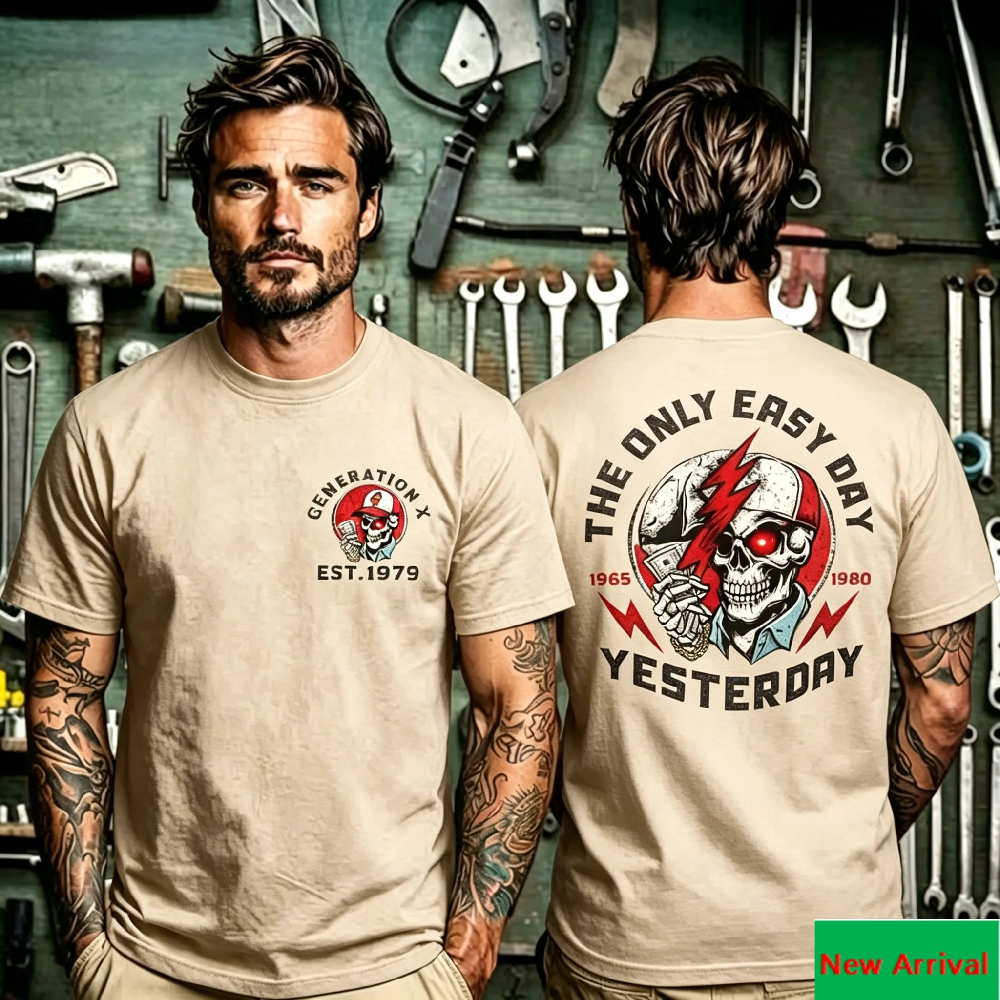 The Only Easy Day Yesterday Skull Lightning Circular Graphic Back Print T Shirt with Front Generation X Skull Logo Print