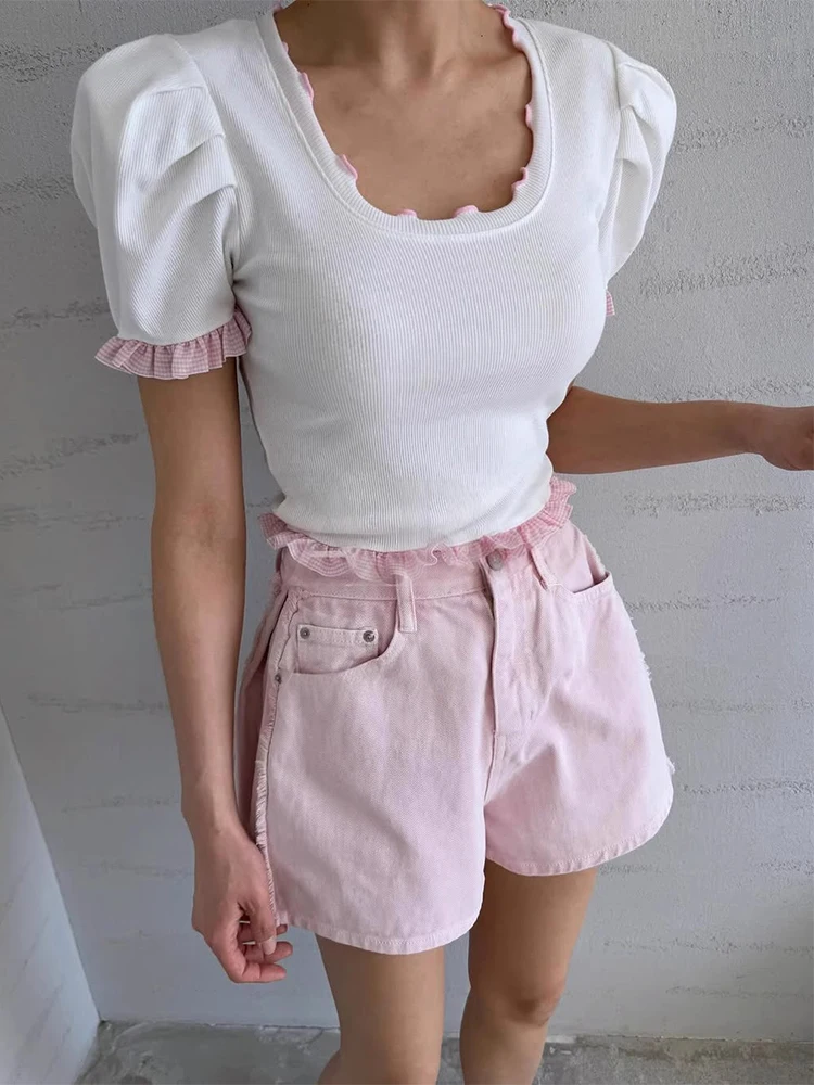 

KUSAHIKI Splicing Lace U-neck Short Sleeved T-shirt for Women's Summer New Style Short Puff Sleeve Top