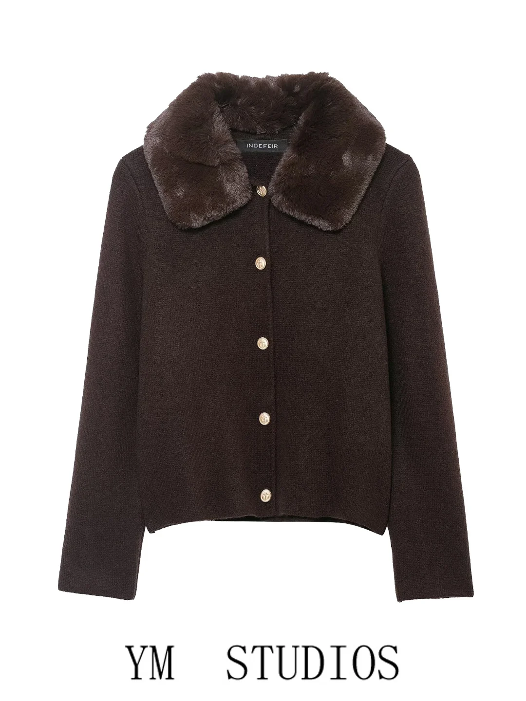 Fashionable Short Knitted Sweater Women's Single Button Plaid Fur Collar Jacket Polyester Fiber Long Sleeve Winter Outerwear