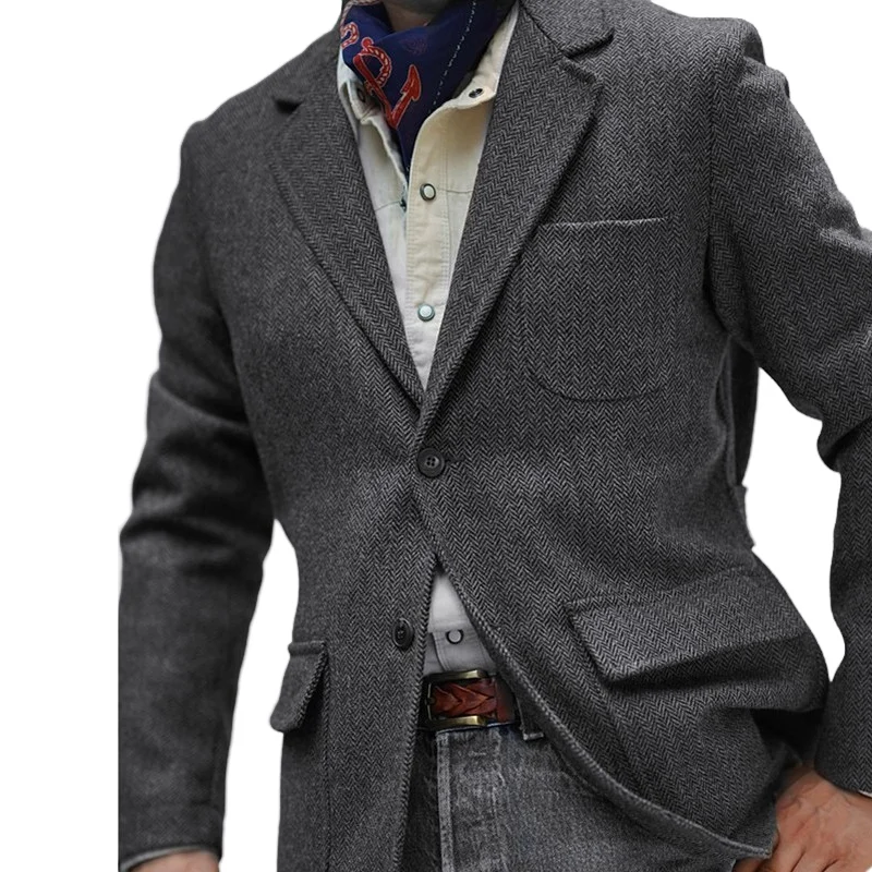 Spring Collection Men's Peaky Blinders British Retro Tweed Wool Herringbone Casual Hunting-Style Suit Jacket