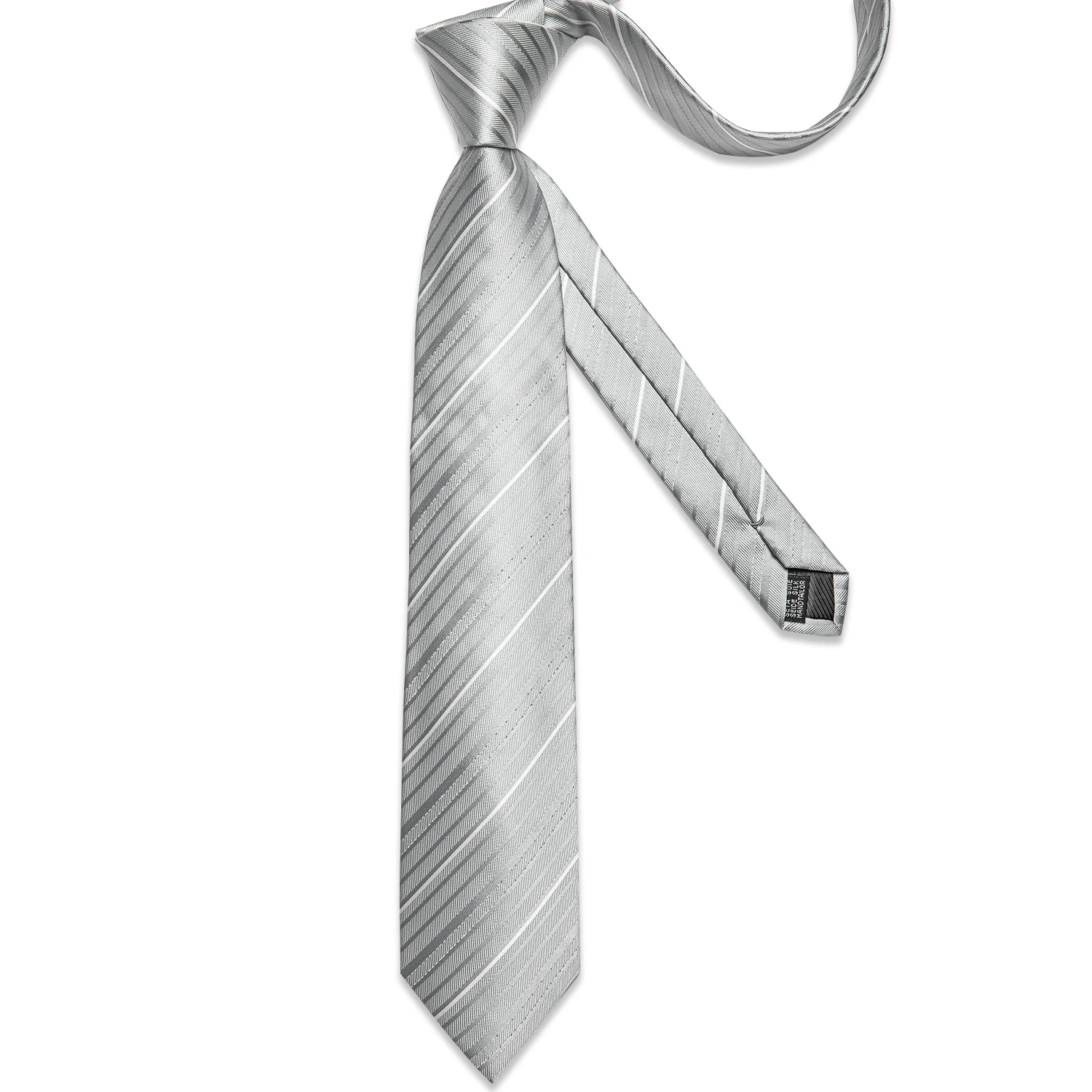 Grau-Silber-Weiß gestreiftes Paisley-Blumenmuster 8cm Herrenkrawatte, Einstecktuch, Manschettenknöpfe, Business-Hochzeits-Bräutigam-Accessoires, Krawatte – Detail 11