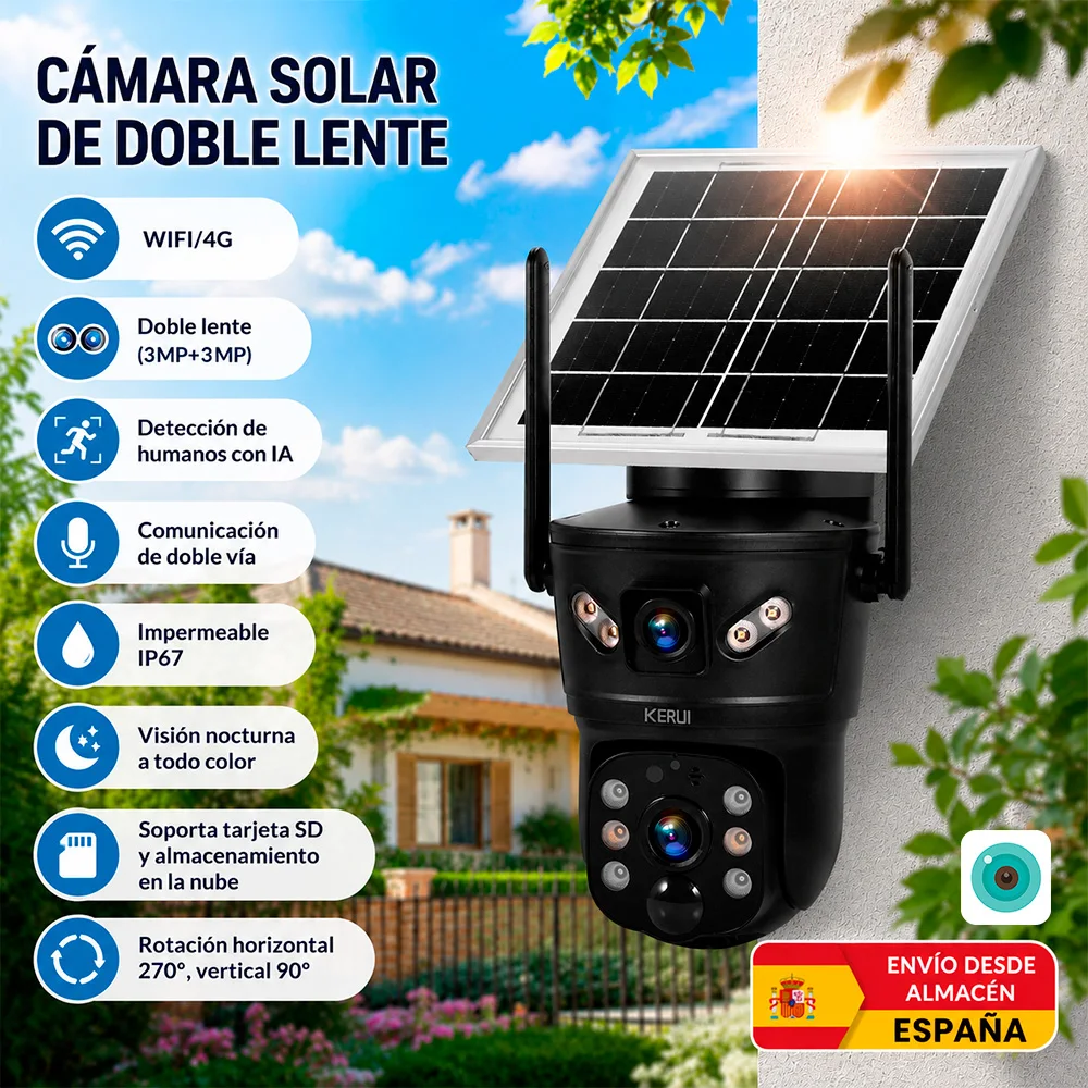 Caméra solaire KERUI extérieure 6MP 4G/WIFI à double objectif, panneau solaire, étanche, sécurité domestique, vidéosurveillance CCTV V380pro
