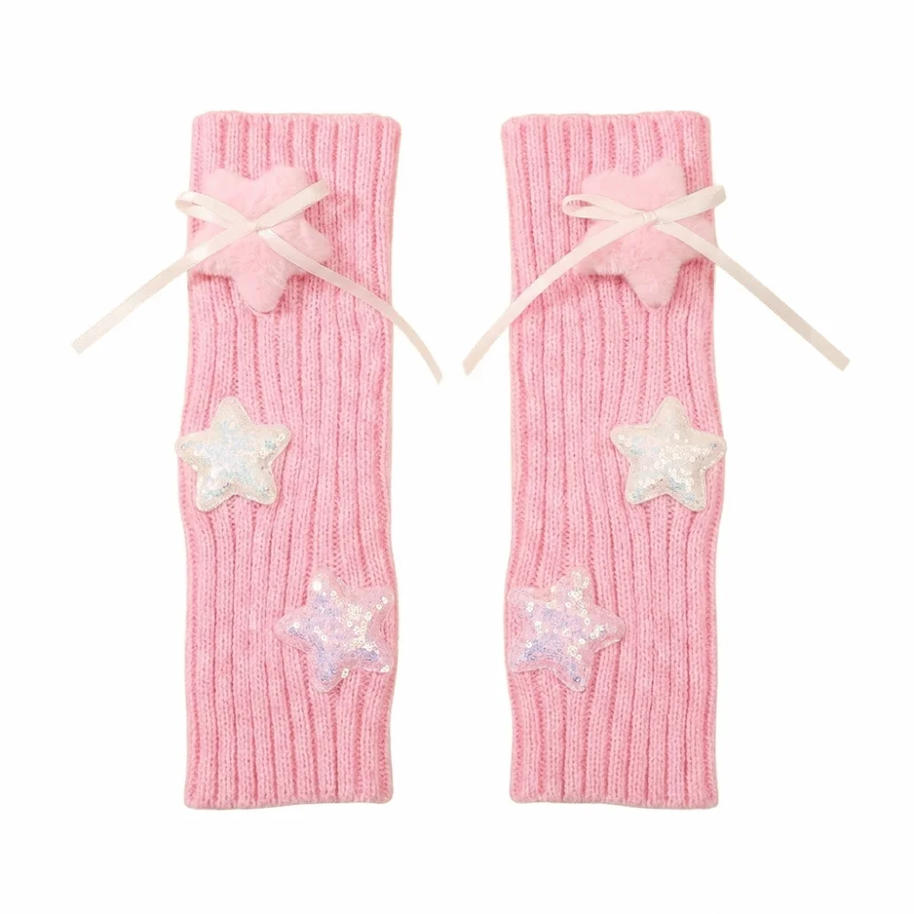 Sequin Star Decorated Fingerless Arm Covers Plush Ribbon Bow Decor Half Finger Gloves Windproof Warm Long Cuff Typing Gloves