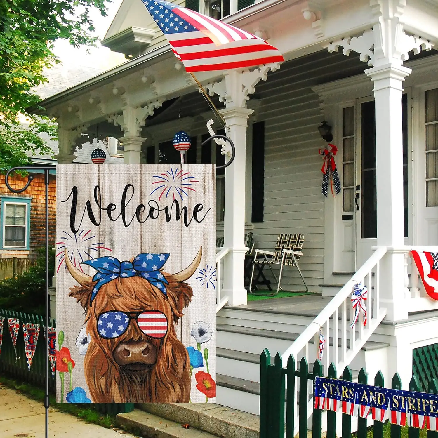 Patriotic 4th of July Garden Flag 12x18 Double Sided, Small Burlap Welcome Highland Cow Famrhouse Garden Yard House Flags fo EEZ