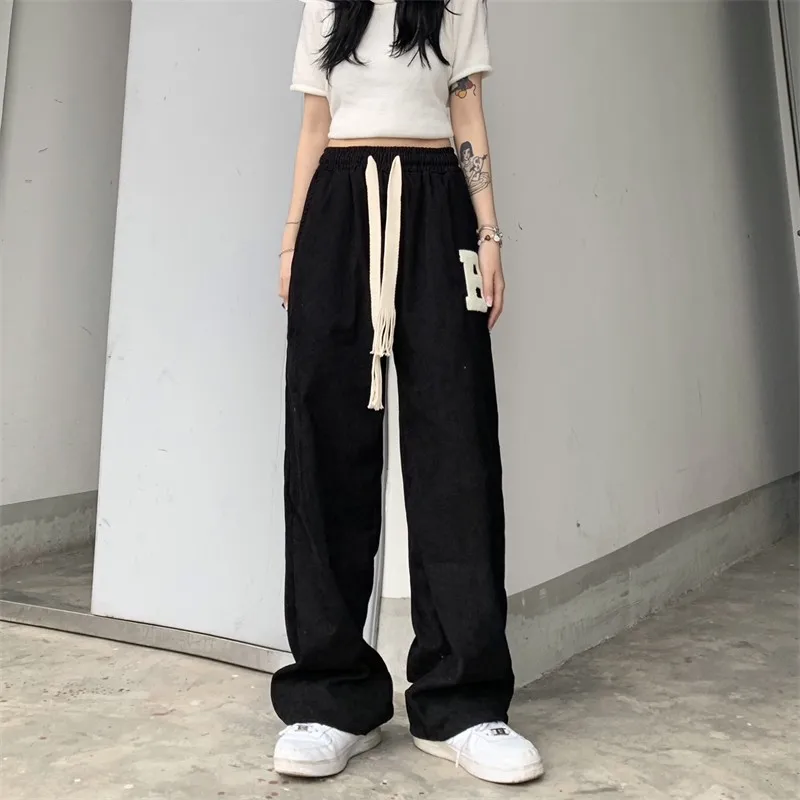 

Women's Bottoms Black Drawstring Sweatpants Casual High Waist Straight Mopping Pants Fashion Baggy Wide Leg Trouser Female Autum