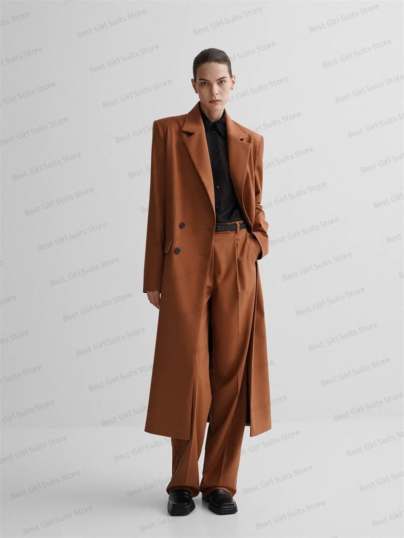 Brown Long 2 Pieces Women Pants Suits Set Blazer+Trousers Formal Office Lady Business Party Prom Dress Gown Jacket Custom Made