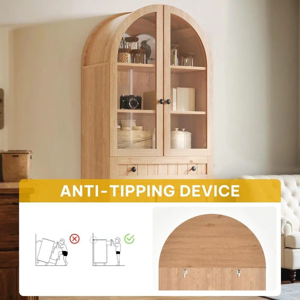 DWVO Arched Pantry Cabinet, 71 Tall Glass Door Display Storage Cabinets W/Drawer & Adjustable Shelves, Farmhouse Versatile Cupbo