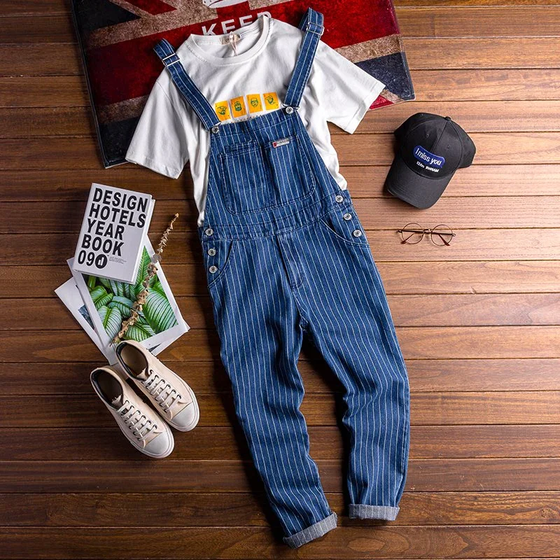 2023 Summer New Mens Bib Overalls Streetwear Denim Jumpsuits Moto Biker Jeans Trousers Male Striped Casual Long Pants Clothing