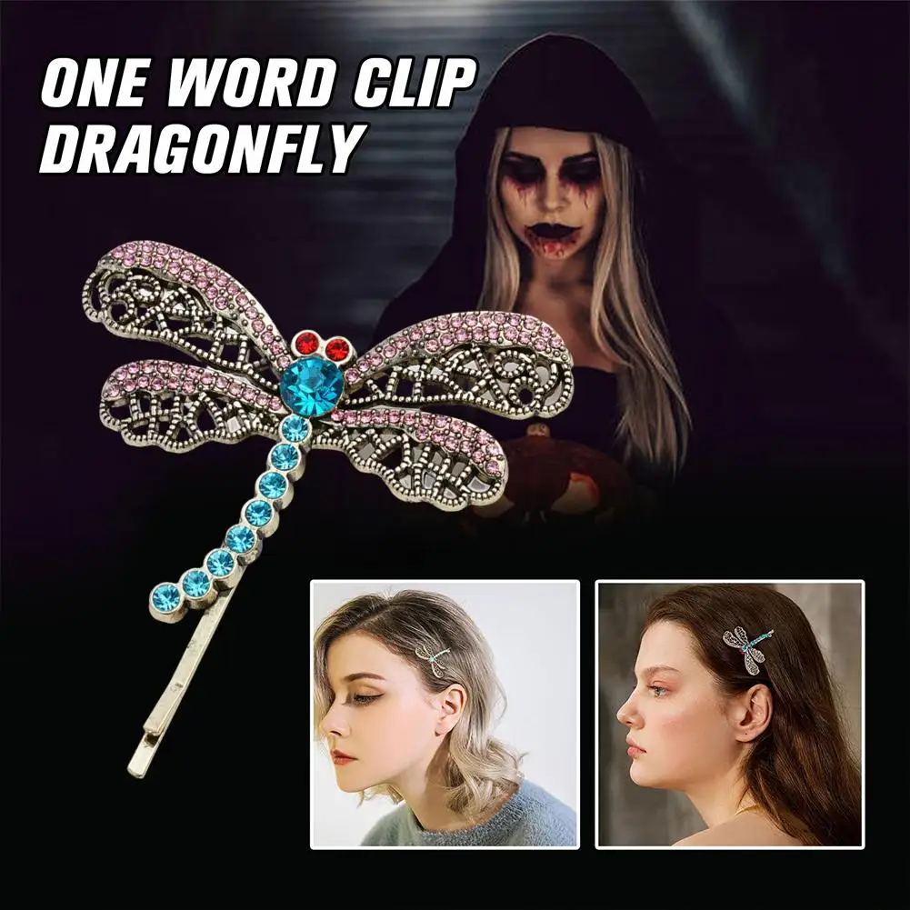 Vintage Dragonfly Hair Pin Bobby Pin Halloween Retro Rhinestone Dragonfly Hair Clip Side Clips One word clip dragonfly for Q2U3