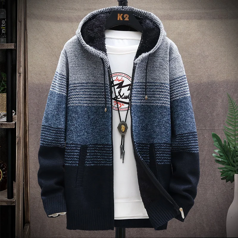 Men Hooded Cardigan Knitted Sweater Coat 2024 Autumn Winter New Fleece Warm Thick Splicing Color Striped Casual Jacket Outwear
