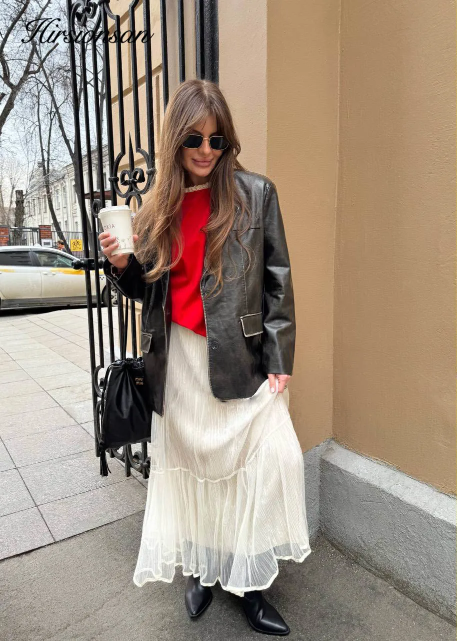 Hirsionsan Pleated High Waist Mesh Skirt Women 2025 New Soft Office Lady Basic Midi Skirt Chic Elegant Girl Glossy Long Skirt
