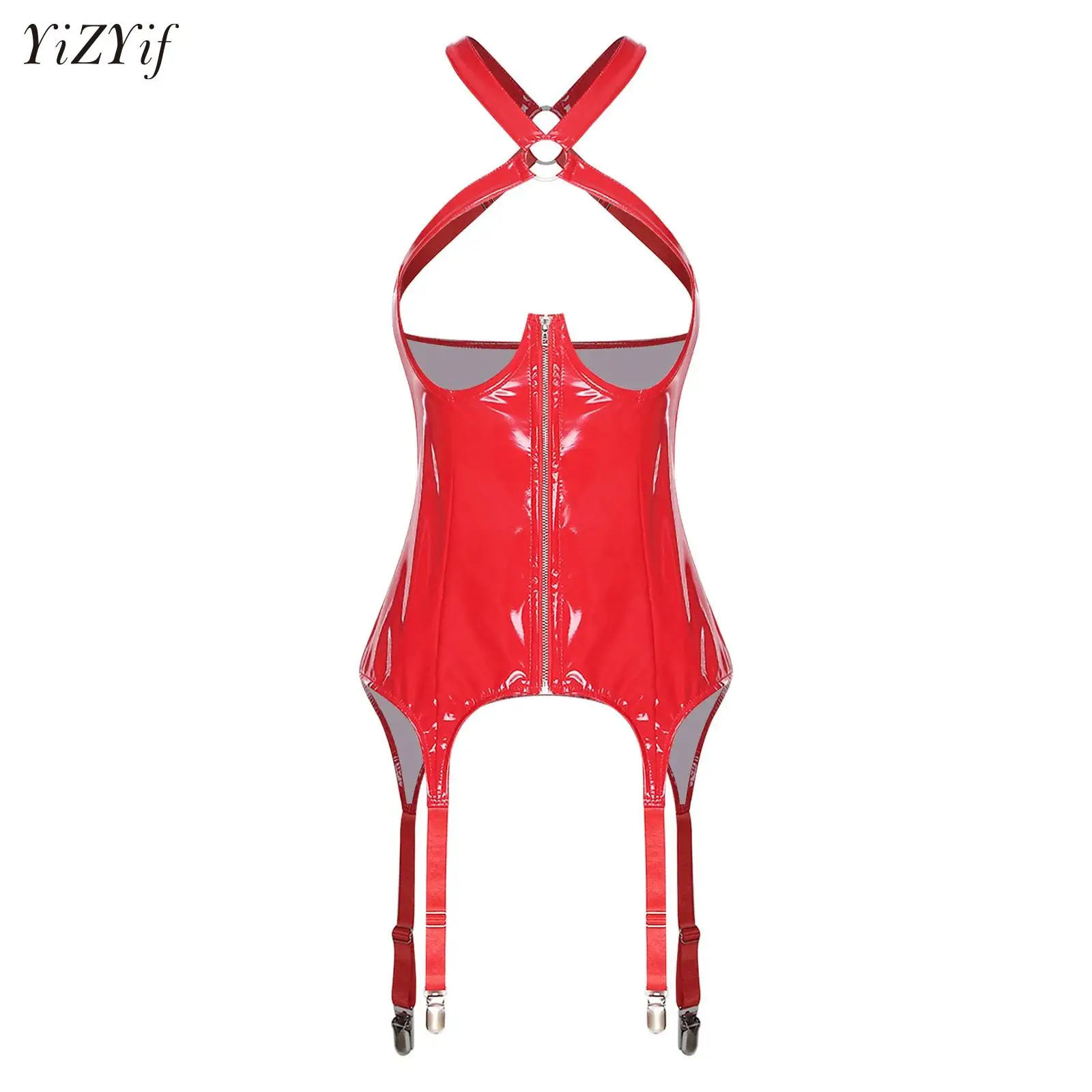 

Корсеты из лакированной кожи с подвязками для взрослых, бюстье с лямкой на шее на молнии, сексуальные женские блестящие подтяжки, формирователь тела, топы на бретелях