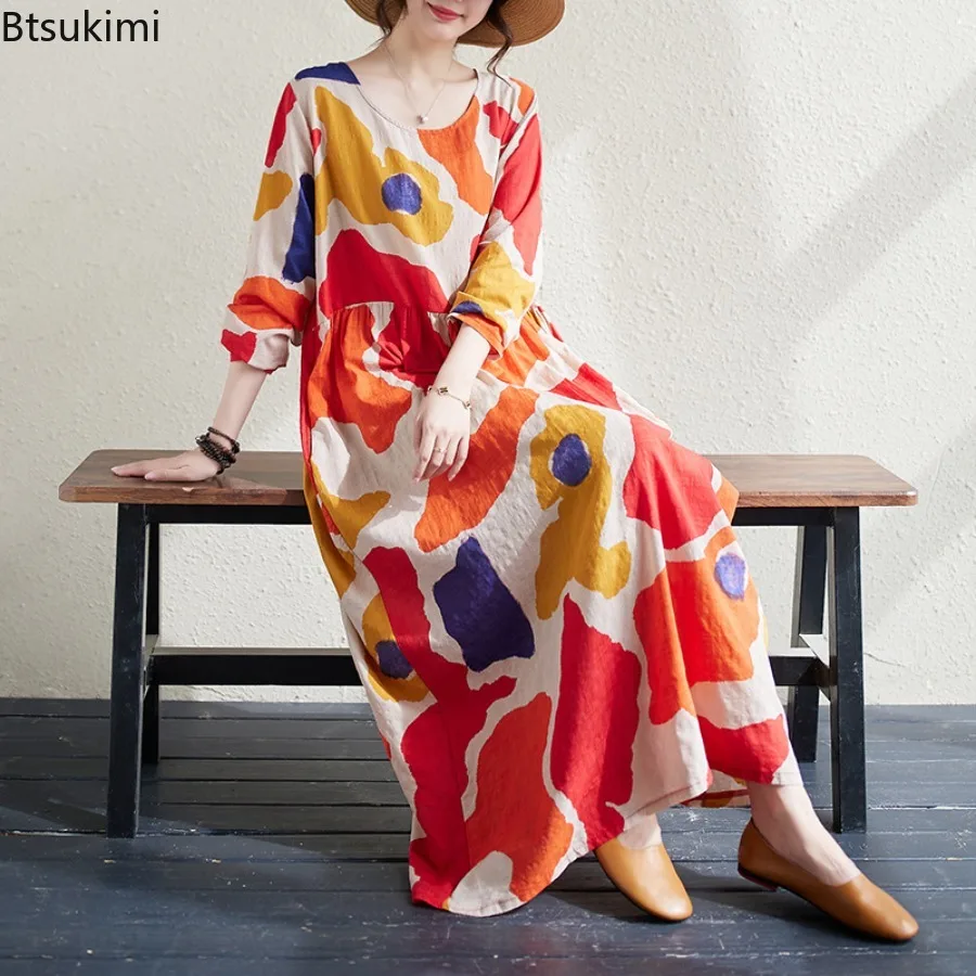 

2024 Ethnic Style Vintage Long Dress for Women Casual Loose Cotton Printed Maxi Dress Ladies Holiday Beach Vestidos Large Size