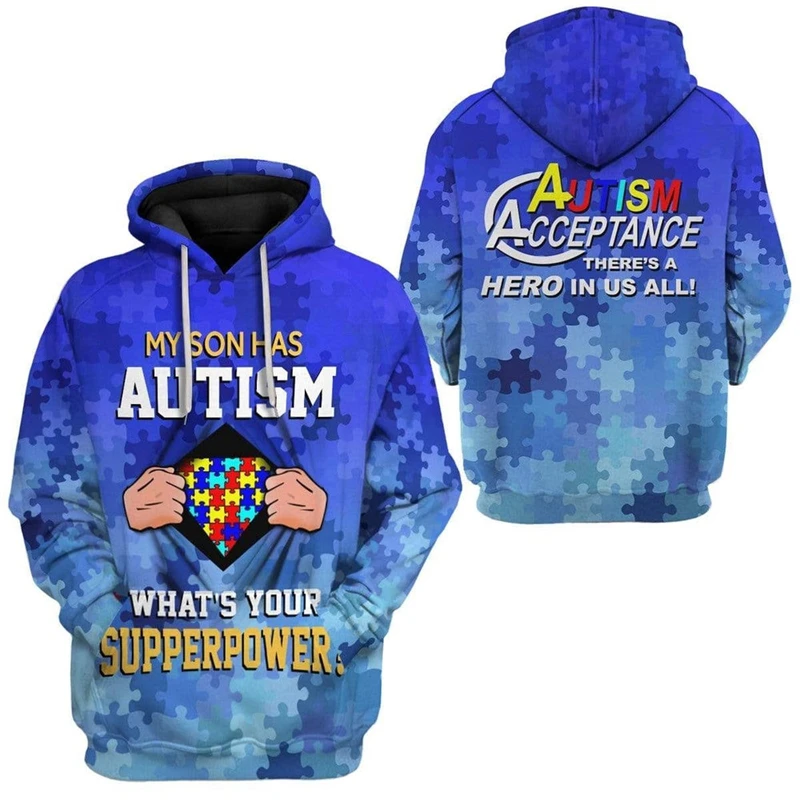 Autistic Children Slogan Hoodie Unisex Clothing Long Sleeve Pullover Sweatshirt 3D Print Building Blocks Outdoor Street Hoodies