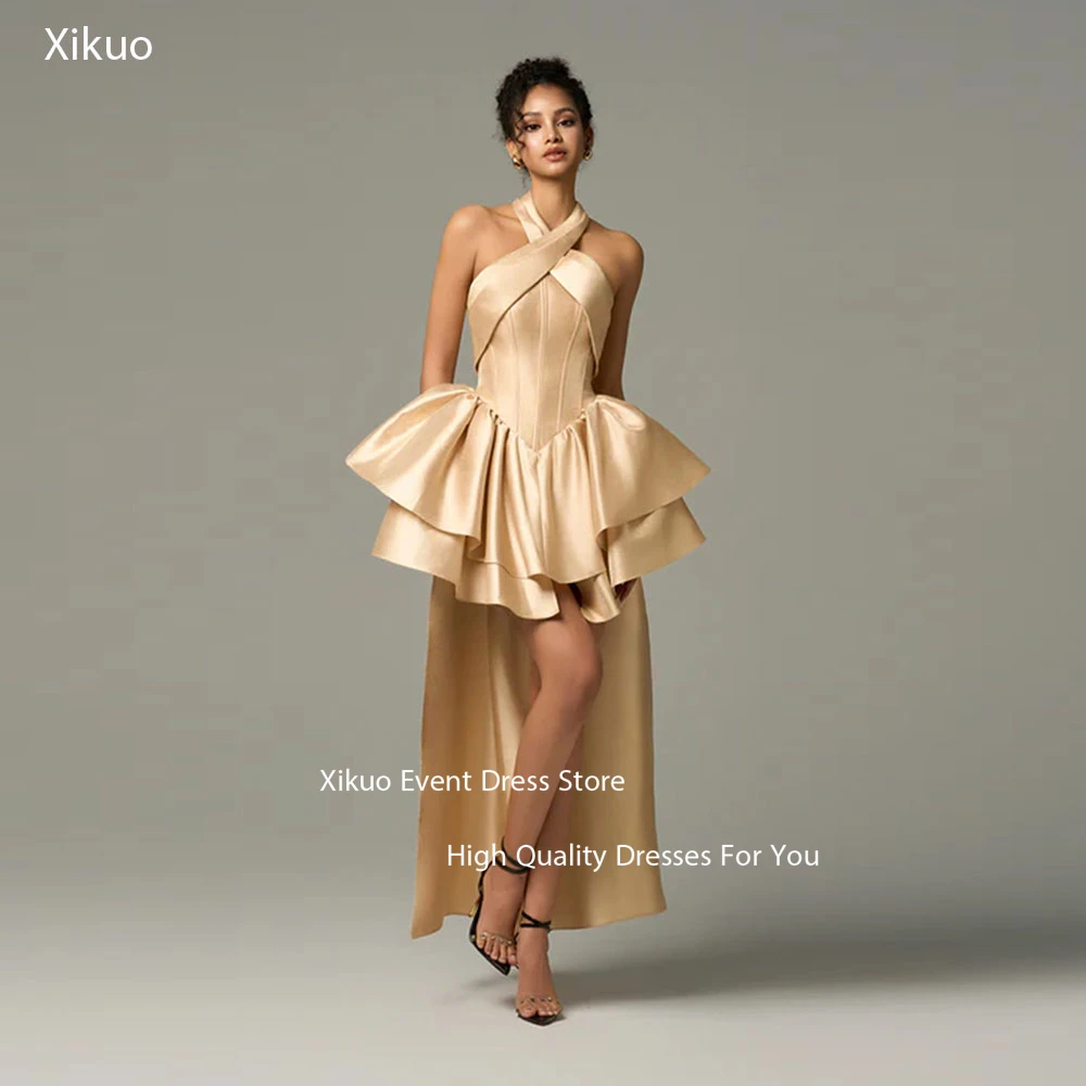 

Xikuo Champagne Criss Cross Halter Neckline Prom Gown A Line Vestidos De 15 Quinceañera Tiered Ruffled Birthday Dress Customized