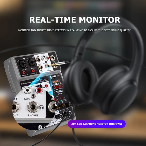 Imagen 2 del producto Mezclador de Audio Profesional BOMGE, Consola de Mezcla con 4 Canales Digitales USB, Bluetooth, Efecto de Eco y Retardo para Grabación