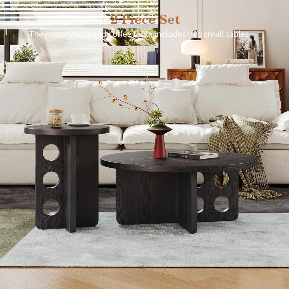 Nesting Coffee Table Set of 2, Modern Wooden Side Coffee Table for Small Space, Black Grain Top with Adjustable Non-S