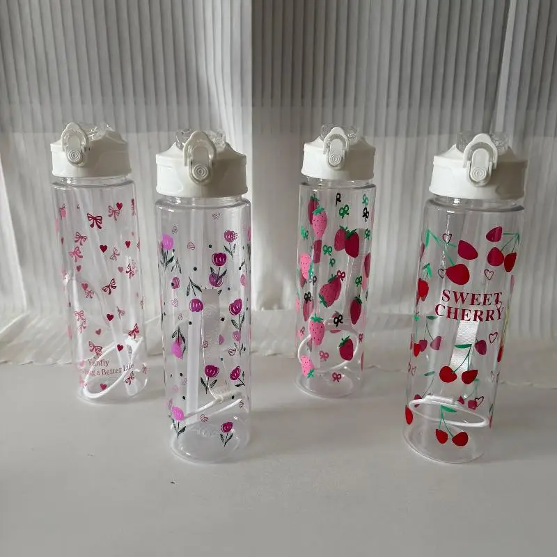 750ML White Water Bottle Aesthetic Kawaii Strawberry Bow Flower Full Print Fade Resistant for Girls School Daily Use