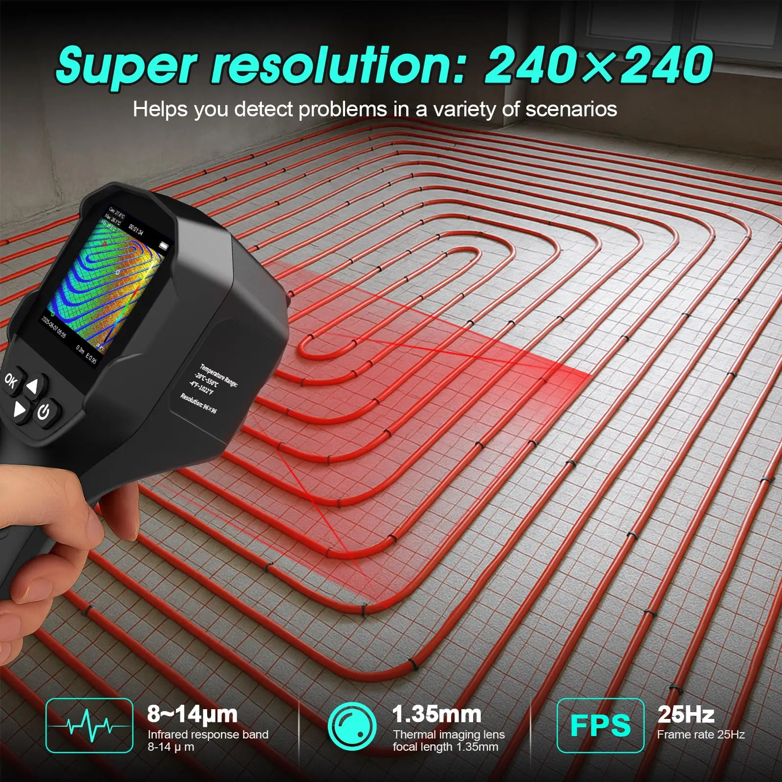 Thermal Imaging Camera Gun, Infrared Thermometer Imager 240×240 TISR Resolution, -4°F to 1022°F for HVAC with Tripod Mount