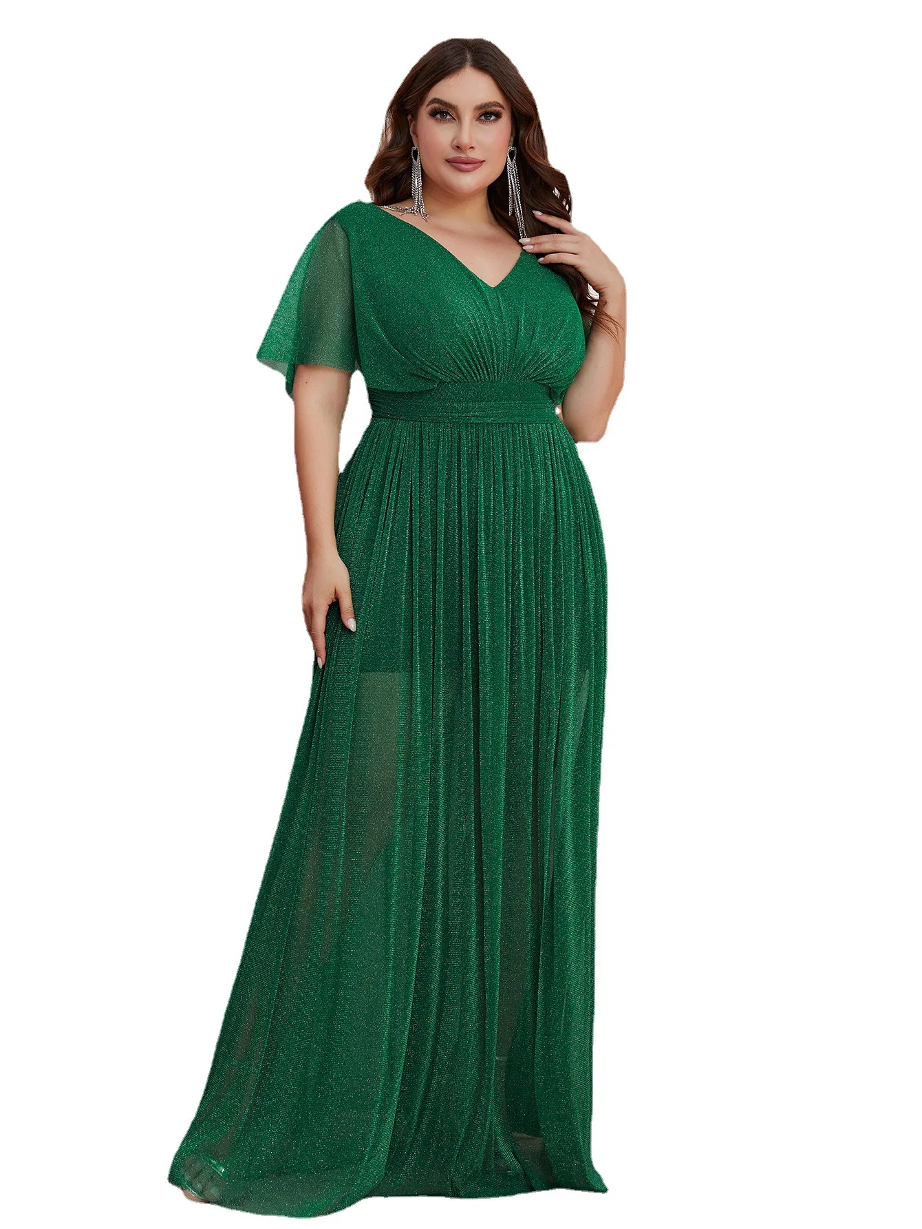 Plus Size Party Dresses Women Cross-border Large Size Evening Dress With Bat Sleeves Small V-neck Green Elegant Long Slit Dress