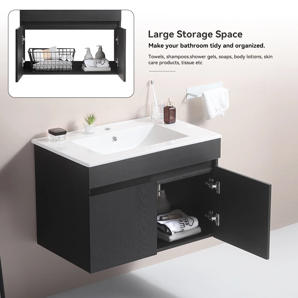 Wall Mounted Bathroom Cabinet Bathroom Vanity With Ceramic Sink 2 Full-extension Doors Overflow Hole Single Sink Vanity Cabinet