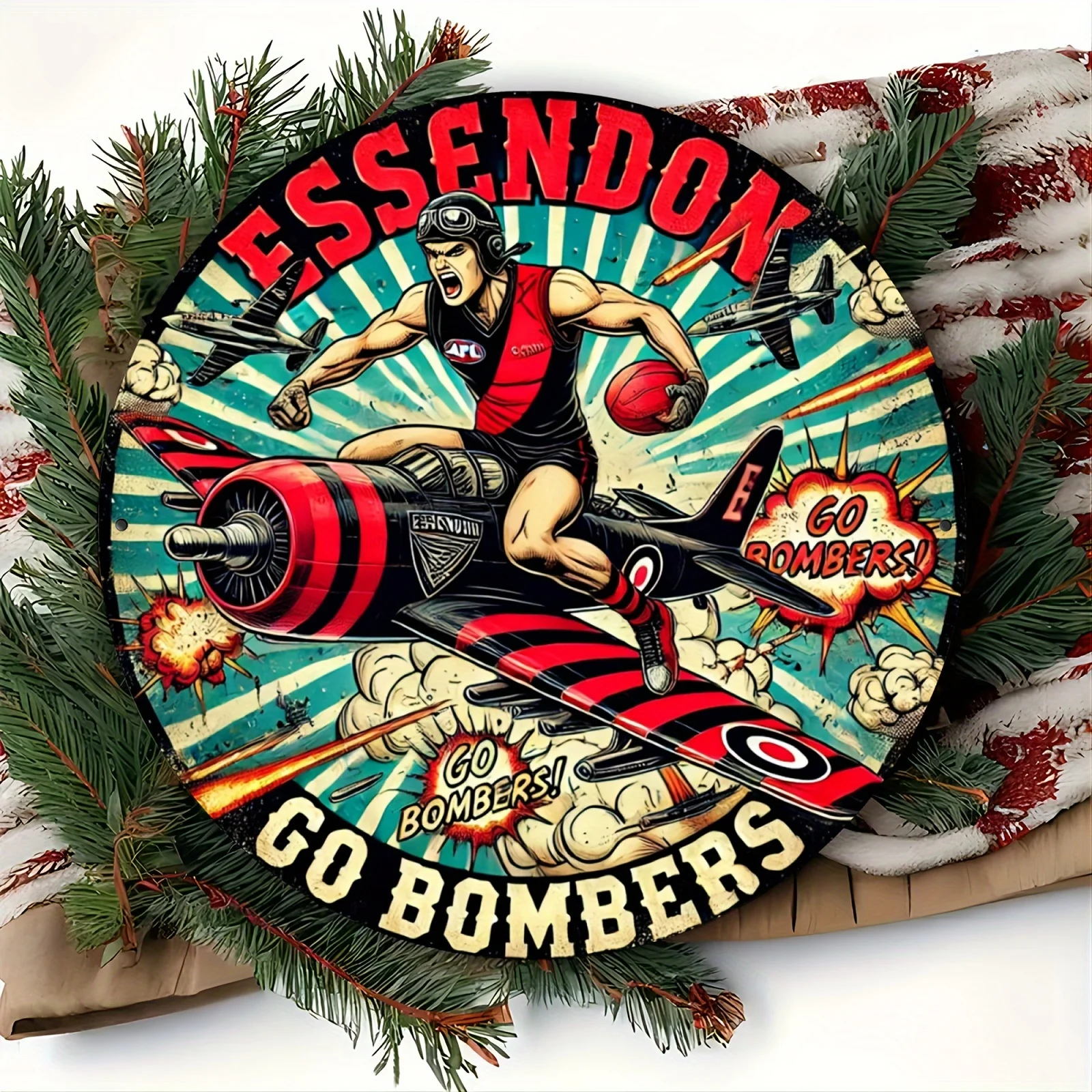 قطعة واحدة من علامة Essendon Bombers المعدنية المستديرة - لوحة فنية جدارية من الألومنيوم على الطراز العتيق تتميز بمشغل كرة القدم الديناميكي وتصميم الطائرة #5