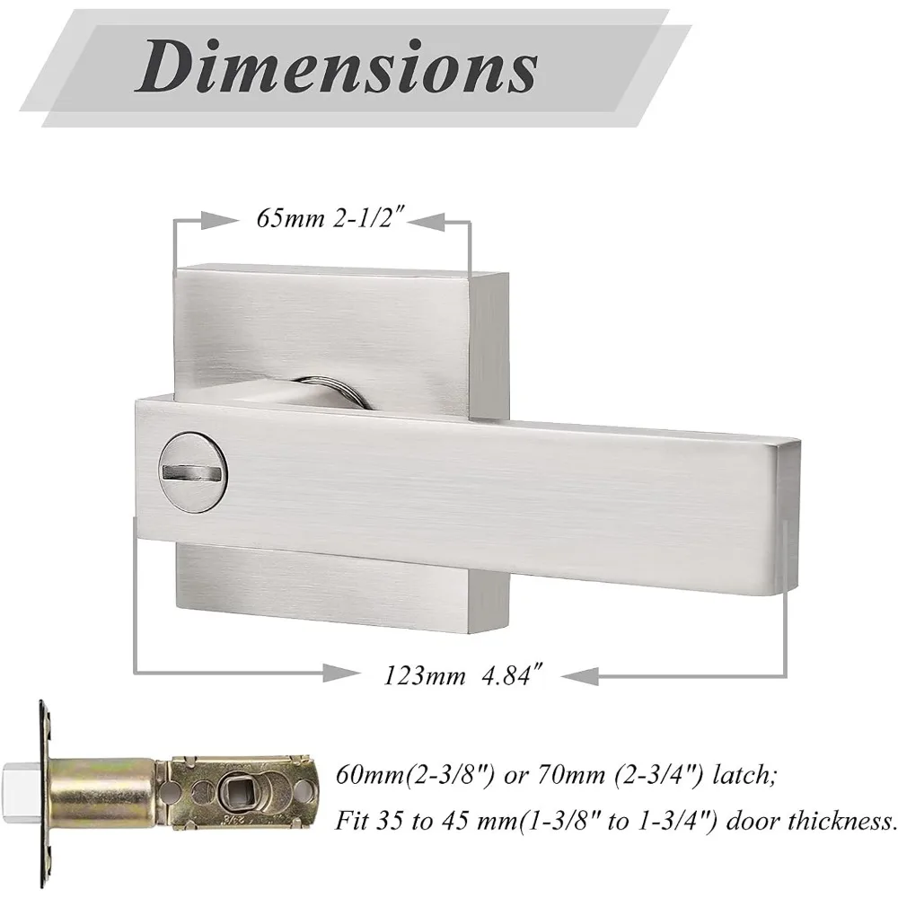 Probrico 6 Pack Privacy Door Levers for Bed and Bath,Satin Nickel Finish, Square Door Locks Interior Hardware, Keyless Feature