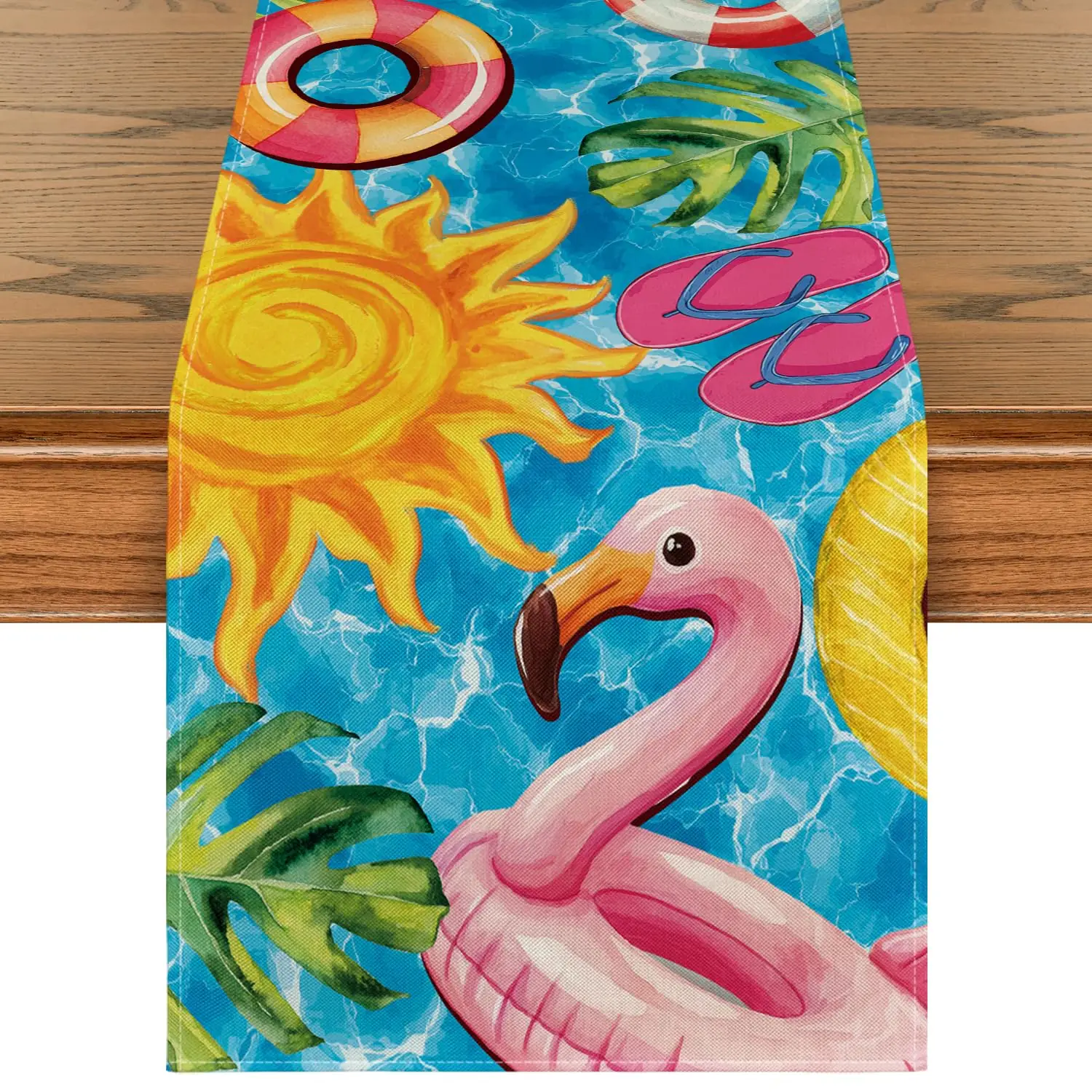 

Holiday Pool Swim Ring Waterproof Summer Table Runner, Seasonal Kitchen Dining Table Decoration for Home Party Decor