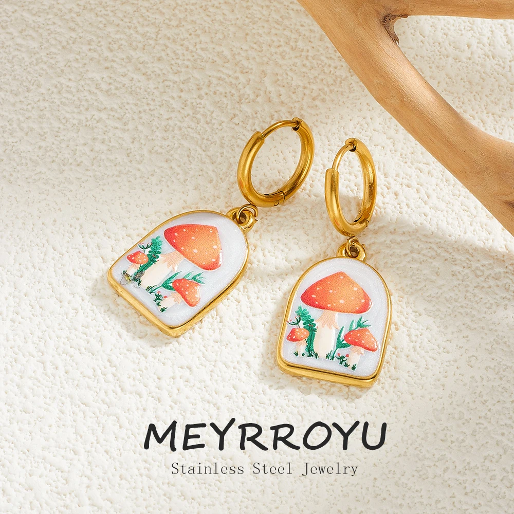 MEYRROYU 316L Stainless Steel Cute Red Mushroom Enamel Geometric Dangle Earrings Women Fashion Non-fading Dangler Jewelry Gift