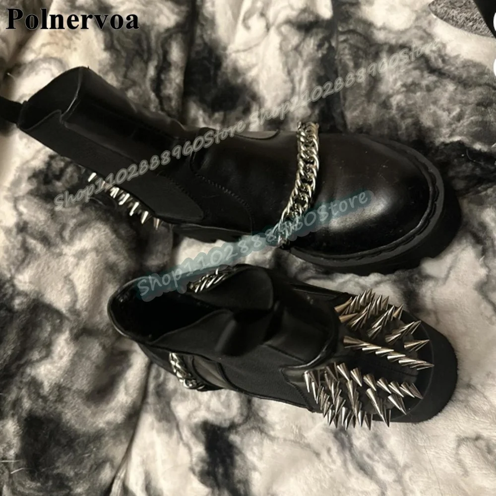

Stylish Thick Soled Black Metal Chain Rivets Ankle Boots Flats Shoes For Women Slip On Round Toe Fashion 2026 Zapatos Para Mujer
