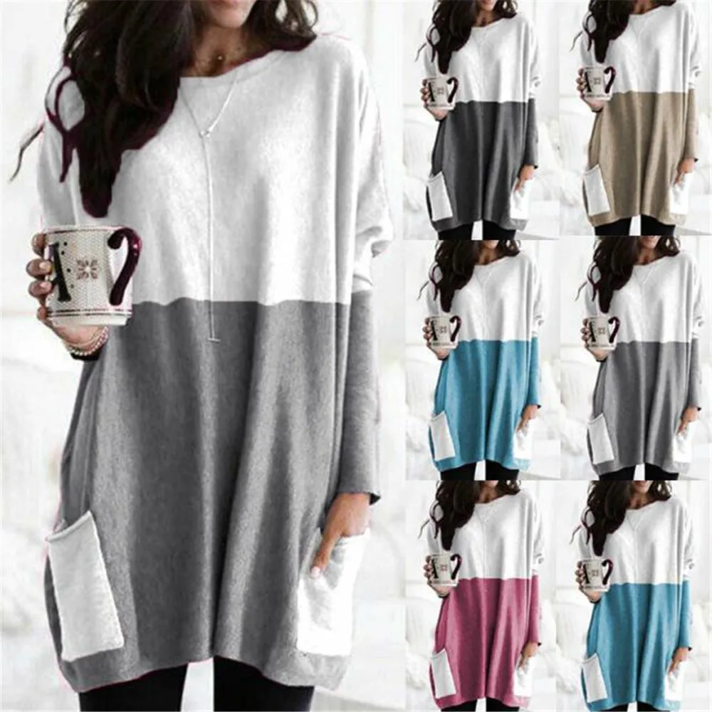 

European and American Women's Clothing Autumn Round Neck Long-sleeved Splicing Casual Pocket T-shirt Top