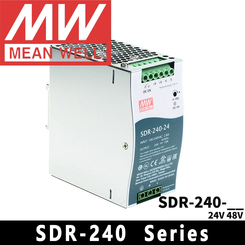 Original Mean Well SDR-240-24/48 meanwell 24V/48V DC 240W Single Output Industrial DIN Rail with PFC Function Power Supply