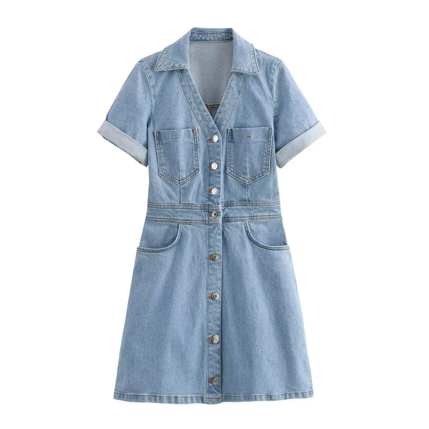 

Women's 2024 Hot Summer New Fashion Trend Lapel Short Sleeve Button Decorated Denim Mini Dress