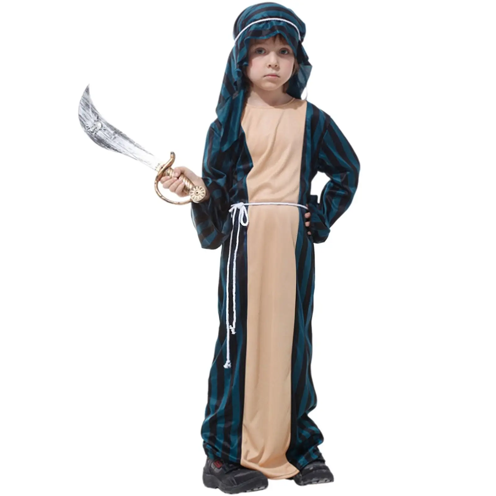 ثوب الصحراء للأطفال البط البري البيج مخطط تونك مقنعين مربوط العرقية لعب الأدوار مهرجان 2026 أزياء تنكرية أنيقة مجموعات متعة Abito #1