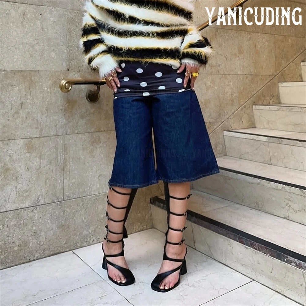 Curved Heel Multi Buckle Sandal Boots Asymmetric Square Toe Knee High Boots Novelty Designer Style Cage Sandals Boots for Women