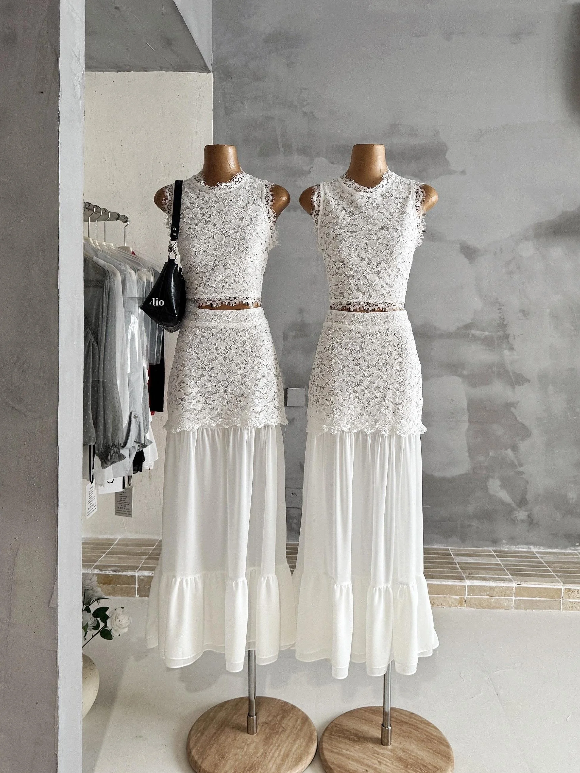

13Studio2026 Lace Trimmed Blouse And Half Skirt Set Elegant Lady Two Piece Suit Floral Motif Summer Collection for Young Women
