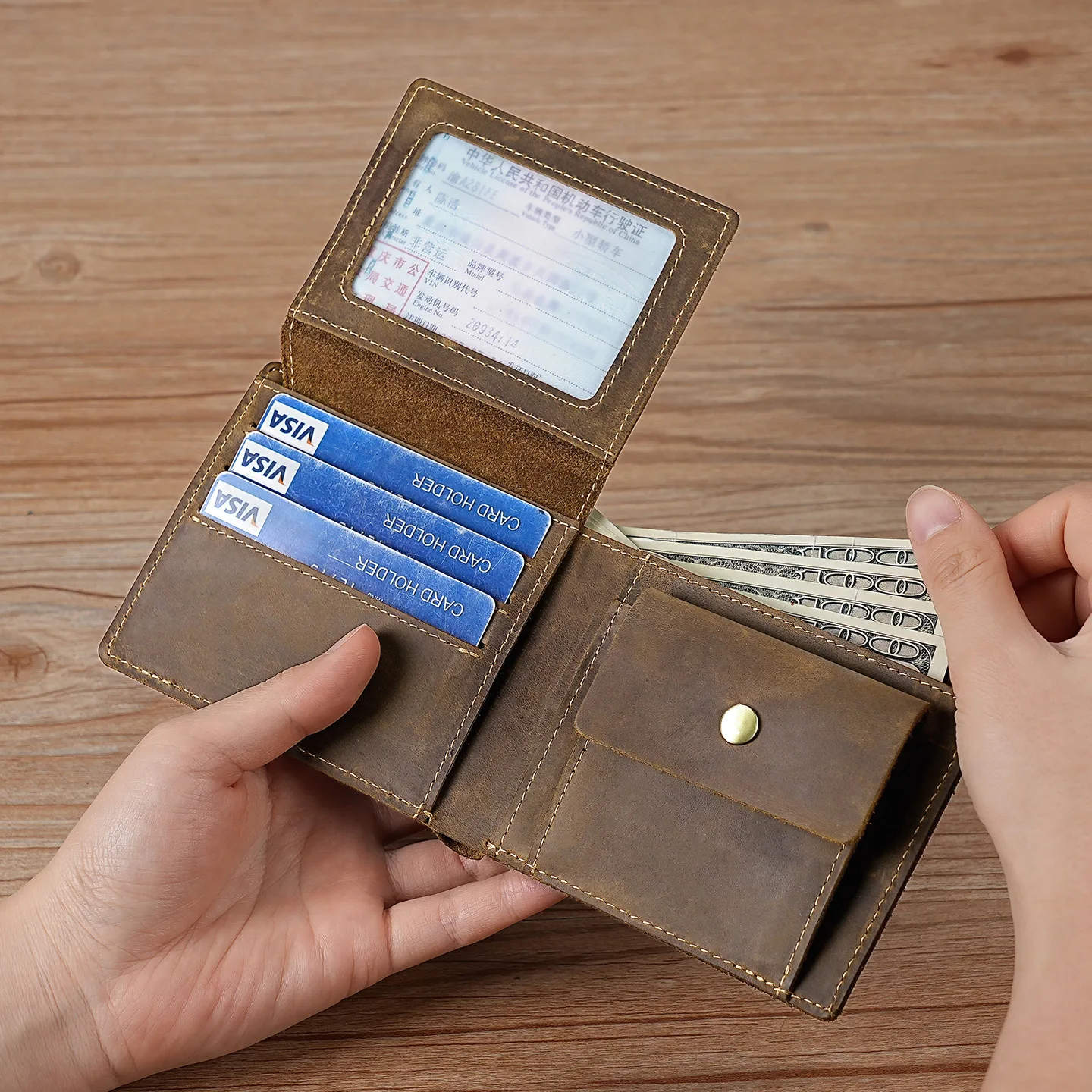 Crazy Horse Leather Men's Genuine Wallet Vintage Multi-functional Card Holder with Transparent Window and Coin Pocket