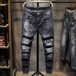 Harajuku 2023 New Men's Hip-Hop Jeans Pants with Holes and Patches Black Distressed Slim Fit Luxury Trendy Korean Style Clothes