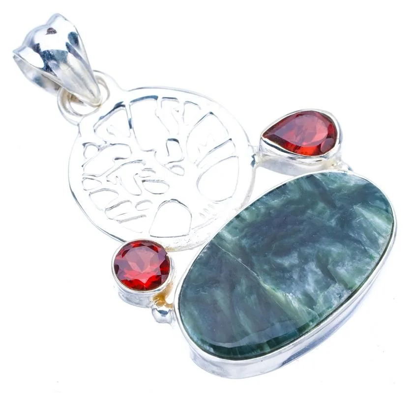 StarGems Seraphinite Garnet TreeHandmade 925 Sterling Silver Pendant 1.5